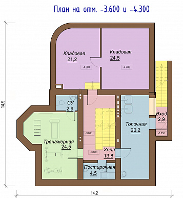 Проект двухэтажного коттеджа с цоколем, с двумя эркерами, балконом и двумя террасами / План цокольного этажа Проект двухэтажного коттеджа с цоколем, с двумя эркерами, балконом и двумя террасами / План цокольного этажа