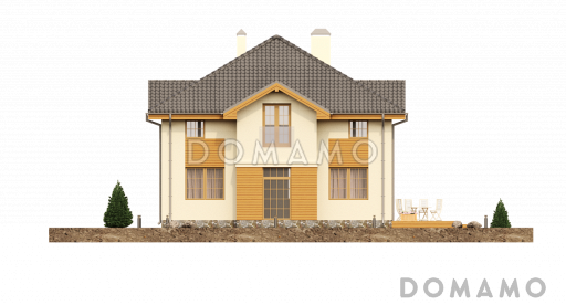 Проект загородного дома с кладовой в кухне, просторной гостиной, террасой, балконом / Фасад 4