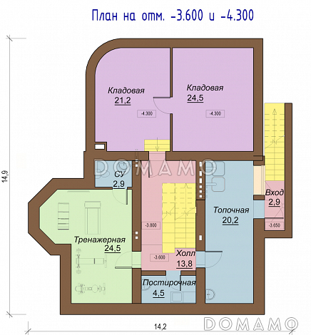 Проект двухэтажного коттеджа с цоколем, с двумя эркерами, балконом и двумя террасами / План цокольного этажа Проект двухэтажного коттеджа с цоколем, с двумя эркерами, балконом и двумя террасами / План цокольного этажа