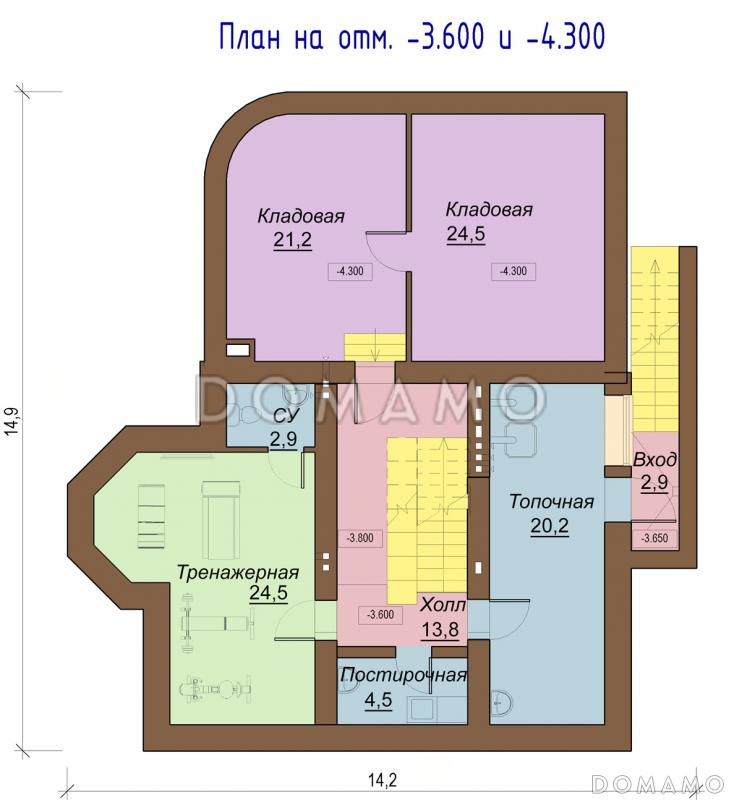 Проект двухэтажного коттеджа с цоколем, с двумя эркерами, балконом и двумя террасами / План цокольного этажа