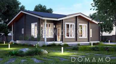 Проект одноэтажного дома из клееного бруса с просторной гардеробной и сауной