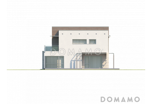 Проект современного двухэтажного дома в стиле хай-тек из газобетона с плоской крышей, балконом и гаражом с двумя отдельными въездами  / Фасад 2