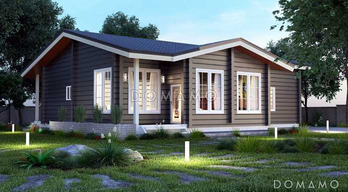 Проект одноэтажного дома из клееного бруса с просторной гардеробной и сауной Проект одноэтажного дома из клееного бруса с просторной гардеробной и сауной