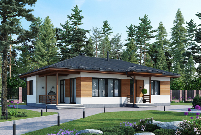 Проект одноэтажного компактного дома из кирпича с двумя спальнями, просторной дневной зоной и крытой террасой