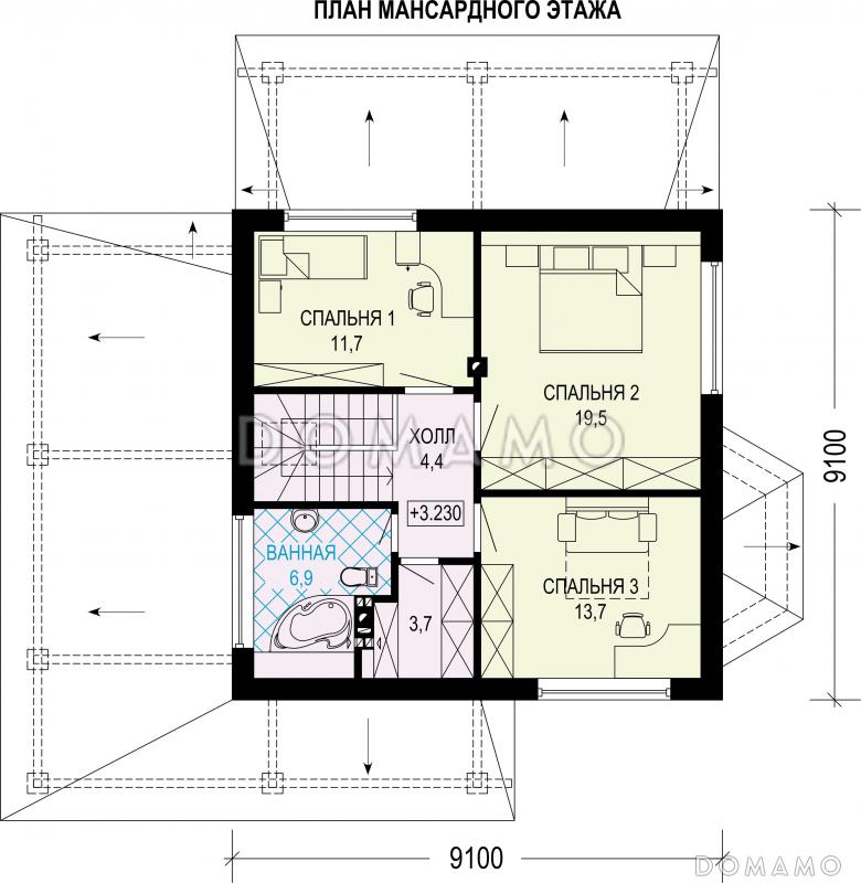 Проект дома с навесом на 2 машины, гостевой комнатой внизу и тремя спальнями наверху / План мансардного этажа