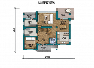 Проект одноэтажного дома с мансардой, террасой и балконами / План 1 этажа Проект одноэтажного дома с мансардой, террасой и балконами / План 1 этажа