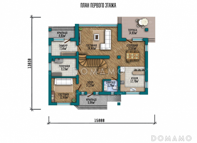 Проект одноэтажного дома с мансардой, террасой и балконами / План 1 этажа Проект одноэтажного дома с мансардой, террасой и балконами / План 1 этажа
