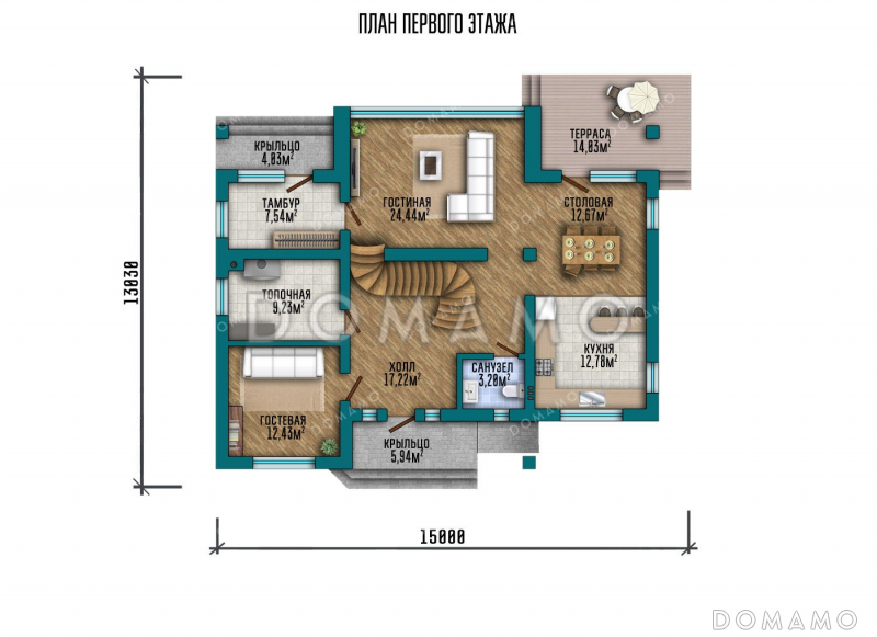 Проект одноэтажного дома с мансардой, террасой и балконами / План 1 этажа