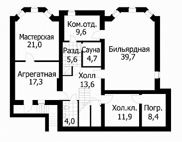 Проект коттеджа с девятью комнатами / План цокольного этажа Проект коттеджа с девятью комнатами / План цокольного этажа