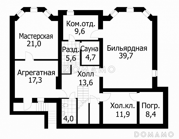 Проект коттеджа с девятью комнатами / План цокольного этажа Проект коттеджа с девятью комнатами / План цокольного этажа