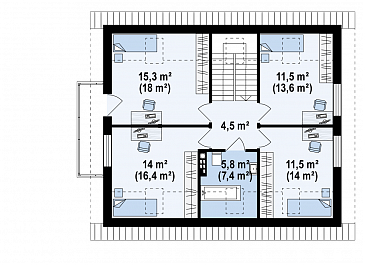 Проект одноэтажного дома из газобетона с оригинальной открытой террасой по периметру и с жилой мансардой / План мансардного этажа Проект одноэтажного дома из газобетона с оригинальной открытой террасой по периметру и с жилой мансардой / План мансардного этажа