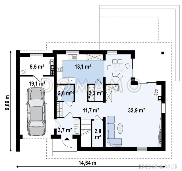 Проект одноэтажного мансардного дома из газобетона с тремя спальнями и пристроенным гаражом / План 1 этажа