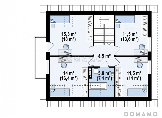Проект одноэтажного дома из газобетона с оригинальной открытой террасой по периметру и с жилой мансардой / План мансардного этажа Проект одноэтажного дома из газобетона с оригинальной открытой террасой по периметру и с жилой мансардой / План мансардного этажа