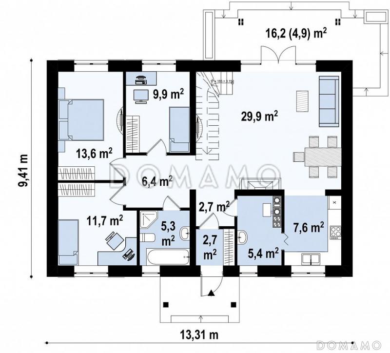 Проект простого одноэтажного мансардного дома из газобетона с шестью спальнями и просторной гостиной / План 1 этажа