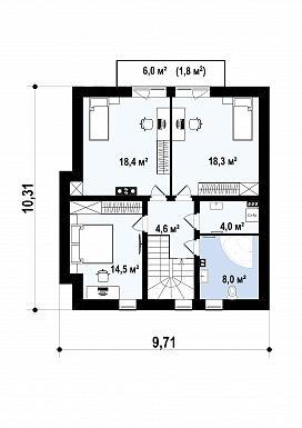 Проект небольшого одноэтажного мансардного дома из газобетона с тремя спальнями и просторной гостиной / План мансардного этажа Проект небольшого одноэтажного мансардного дома из газобетона с тремя спальнями и просторной гостиной / План мансардного этажа