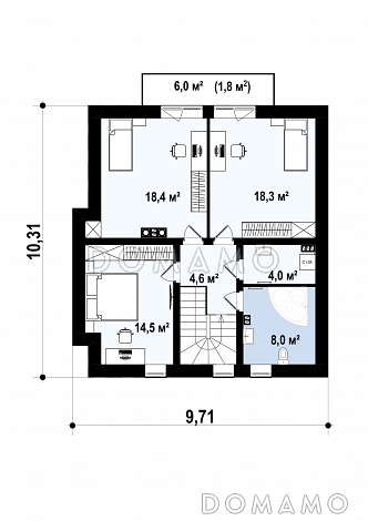 Проект небольшого одноэтажного мансардного дома из газобетона с тремя спальнями и просторной гостиной / План мансардного этажа Проект небольшого одноэтажного мансардного дома из газобетона с тремя спальнями и просторной гостиной / План мансардного этажа