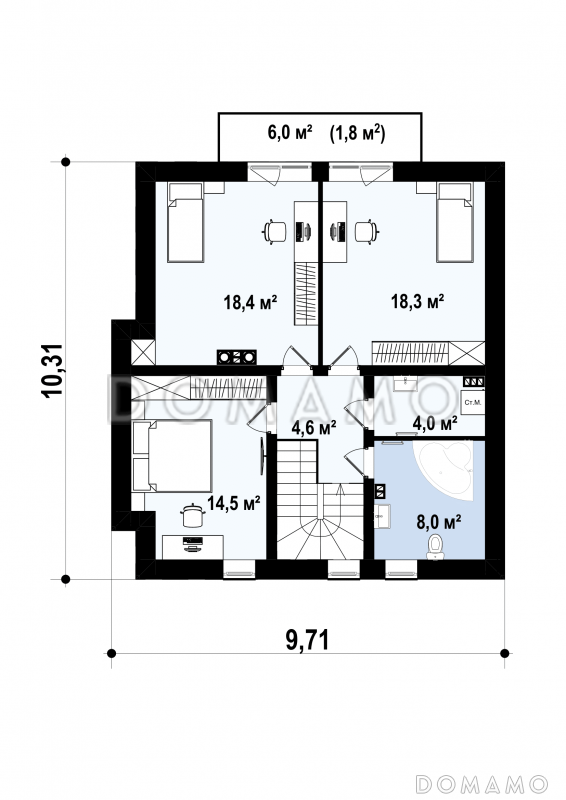 Проект небольшого одноэтажного мансардного дома из газобетона с тремя спальнями и просторной гостиной / План мансардного этажа