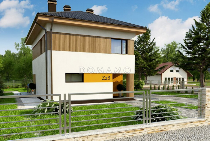 Проект классического двухэтажного дома из кирпича с четырьмя комнатами, техническим помещением и небольшой угловой террасой