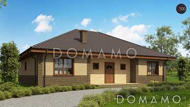 Проект одноэтажного дома из газобетона с облицовкой кирпичом с зоной барбекю на террасе 