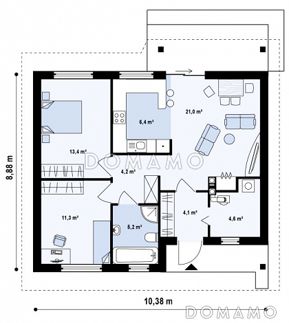Проект небольшого одноэтажного дома из кирпича с двумя спальнями и террасой / План 1 этажа Проект небольшого одноэтажного дома из кирпича с двумя спальнями и террасой / План 1 этажа