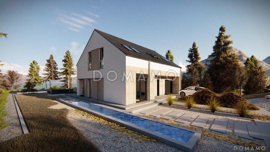 Проект современного мансардного дома с гаражом, панорамным остеклением, просторной кухонной зоной, прачечной / 1