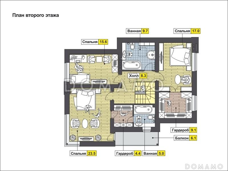 Проект дома с крытой террасой, котельной и хозблоком, спальней на первом этаже, тремя спальнями на мансарде / План мансардного этажа