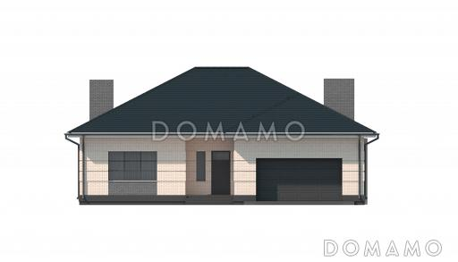 Проект одноэтажного дома с широкой террасой, кухней-столовой, гаражом / Фасад 2