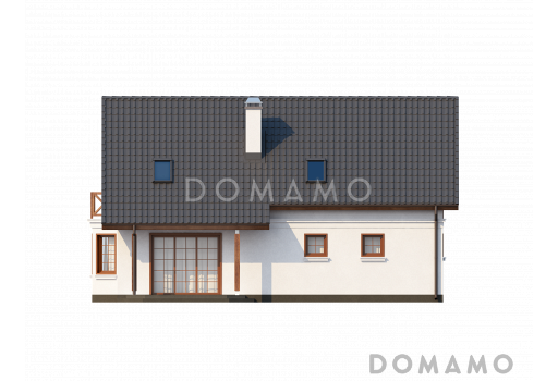 Проект одноэтажного мансардного дома из кирпича с эркером в столовой зоне и со встроенным гаражом / Фасад 1