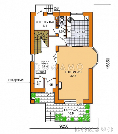 Проект двухэтажного дома с тремя спальными комнатами, кабинетом и небольшим балконом / План 1 этажа