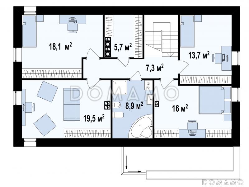 Проект современного мансардного дома из газобетона с пятью комнатами и гаражом / План мансардного этажа