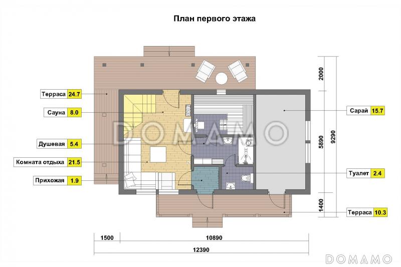 Проект каркасной бани с угловой крытой террасой, сараем и мансардным этажом / План 1 этажа