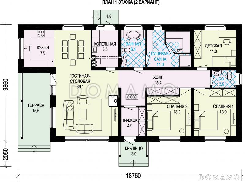 Проект одноэтажного газобетонного дома с тремя спальнями и сауной / План 1 этажа
