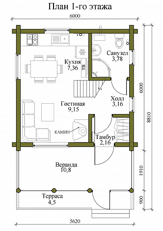 Проект двухэтажного дома из бревна с двумя спальнями, камином и верандой / План 1 этажа