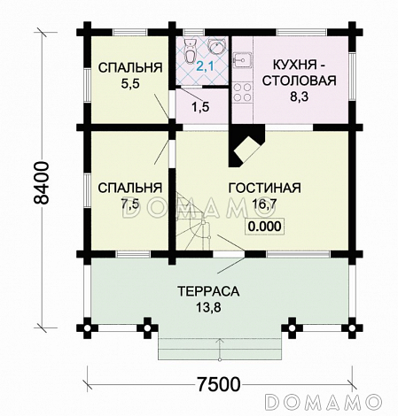 Проект небольшого деревянного дома с камином и лоджией  / План 1 этажа Проект небольшого деревянного дома с камином и лоджией  / План 1 этажа
