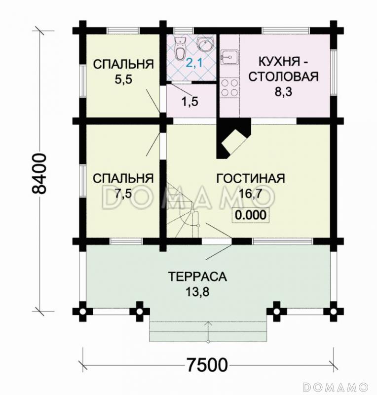 Проект небольшого деревянного дома с камином и лоджией  / План 1 этажа