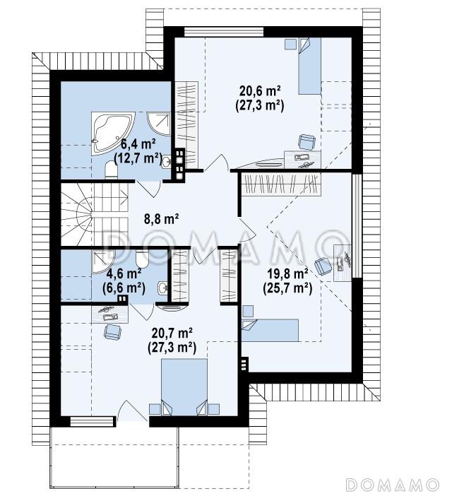 Проект одноэтажного мансардного дома из кирпича с гаражом и тремя спальнями и балконом / План мансардного этажа