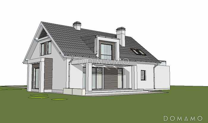 Проект одноэтажного мансардного дома из кирпича с эркером в кухонной зоне, вертикальным мансардным окном и гаражом на два автомобиля