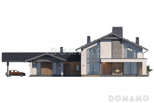 Проект кирпичного двухэтажного дома с гаражом, навесом и террасой / Фасад 2