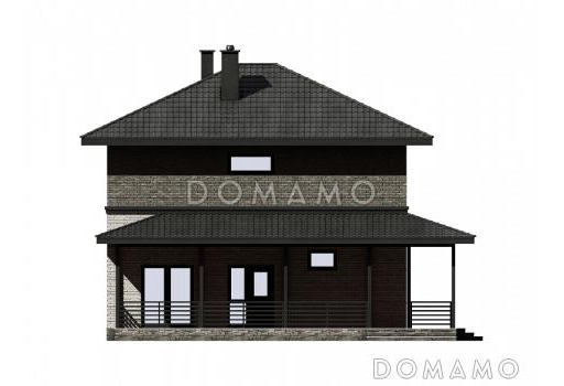 Проект дома с большой крытой террасой, комнатой на первом этаже, кабинетом / Фасад 2