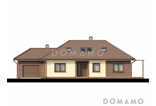 Проект просторного мансардного дома из кирпича со спальней на первом этаже и с двумя на втором / Фасад 1