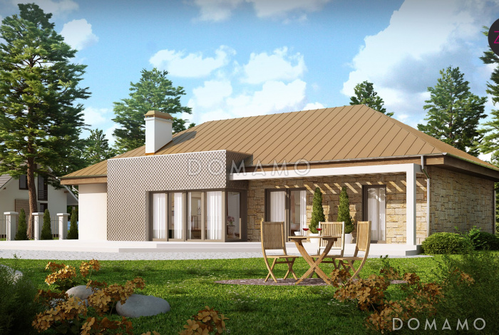 Проект одноэтажного дома из газобетона с прямоугольным эркером в современном архитектурном исполнении и со встроенным гаражом