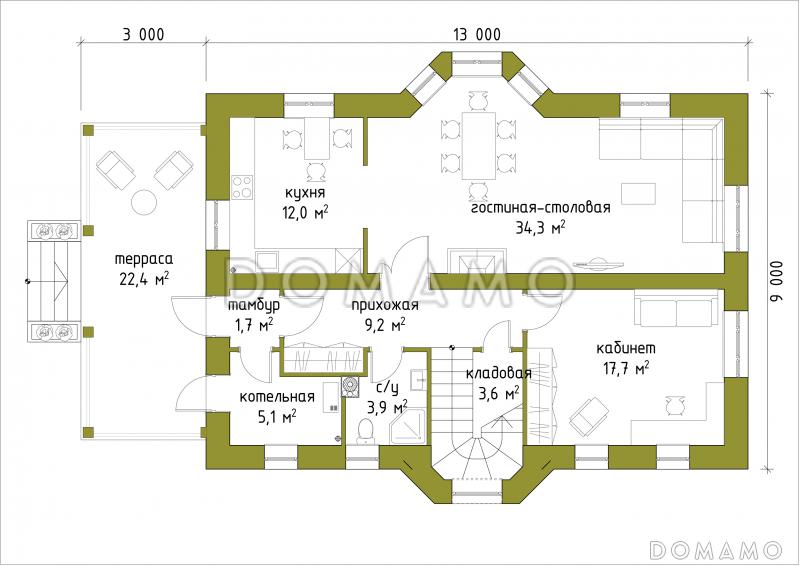 Проект коттеджа из кирпича с французскими балконами и большим кабинетом первого этажа / План 1 этажа