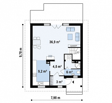 Проект простого одноэтажного мансардного дома из кирпича с тремя спальнями / План 1 этажа Проект простого одноэтажного мансардного дома из кирпича с тремя спальнями / План 1 этажа