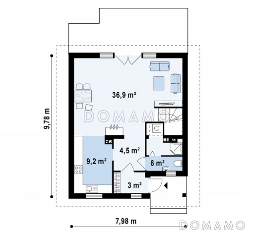 Проект простого одноэтажного мансардного дома из кирпича с тремя спальнями / План 1 этажа Проект простого одноэтажного мансардного дома из кирпича с тремя спальнями / План 1 этажа