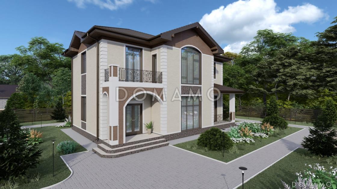 Проект двухэтажного дома с большой гостиной, 4 спальнями, террасой и балконом / 1