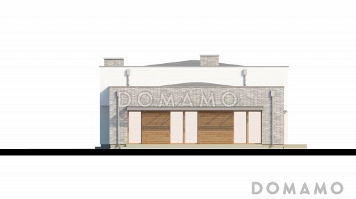 Проект современного одноэтажного дома с плоской крышей из газобетона с тремя спальнями и просторной гостиной с высокими потолками  / Фасад 3
