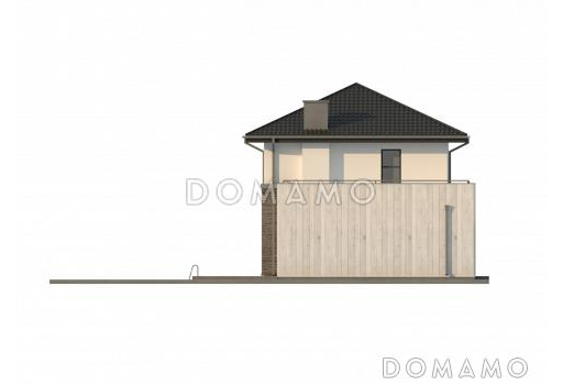 Проект обновлённого двухэтажного дома из кирпича с гаражом и большой террасой на втором этаже / Фасад 2