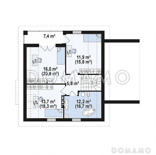 Проект одноэтажного дома из газобетона с мансардным этажом с прямоугольным эркером, балконом и пристроенным гаражом / План мансардного этажа