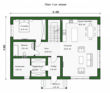 Проект дома с четырьмя спальнями, вторым светом в гостиной и гардеробными на обоих этажах / План 1 этажа Проект дома с четырьмя спальнями, вторым светом в гостиной и гардеробными на обоих этажах / План 1 этажа