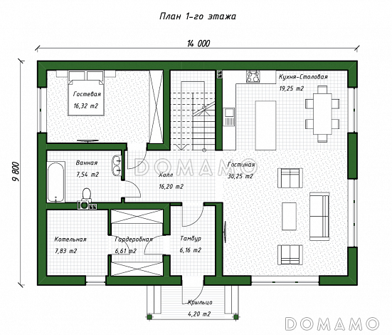 Проект дома с четырьмя спальнями, вторым светом в гостиной и гардеробными на обоих этажах / План 1 этажа Проект дома с четырьмя спальнями, вторым светом в гостиной и гардеробными на обоих этажах / План 1 этажа